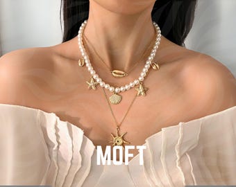Gold Layered Pearl Necklace Set, Boho Beach Shell Starfish Jewelry