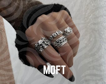 Gotische schedelring set voor mannen en vrouwen, zilveren punk skelet ringen, verstelbare grunge biker ringen, vintage edgy streetwear sieraden cadeau