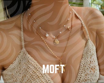 Gold Layered Beach Necklace Set, Starfish, Shell, Pearl