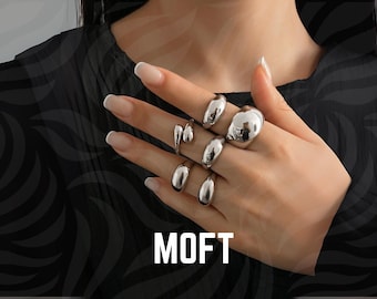 Chunky Silver Ring Set, 9 Piece Adjustable Geometric Jewelry