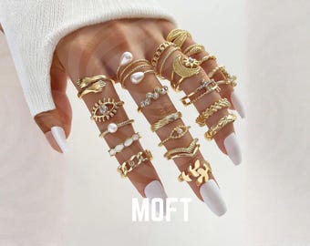 Gold Stacking Rings Set, Boho Crystal & Pearl Accents, 20-Piece