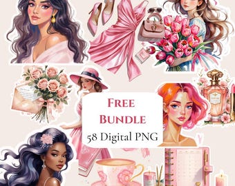 Watercolor Glam planner, Morning Routine Clipart, Self Care Clipart, Digital Sticker, White Roses Clipart, Coffee Clipart PNG Bundle