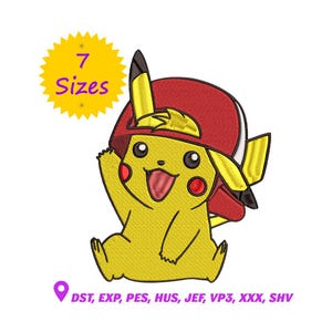 Może przedstawiać: Wyszywany żółty Pikachu w czerwonej czapce bejsbolowej, z uśmiechniętą miną i wystawionym językiem. Żółty grafika z gwiazdą wyświetla "7 Rozmiarów". Obraz zawiera również tekst: DST, EXP, PES, HUS, JEF, VP3, XXX, SHV.