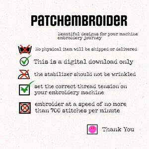 Pode incluir: Gr&aacute;fico de download digital com o texto "PATCHEMBROIDER" e "Beautiful designs for your machine embroidery journey." A imagem inclui instru&ccedil;&otilde;es e um smiley rosa com "Thank You."