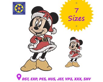 Diseño de bordado navideño de Minnie Mouse, patrón de bordado a máquina de Disney en 7 tamaños, descarga digital