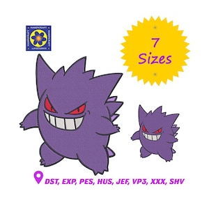 May include: A purple embroidered design of a cartoon character with a wide grin and red eyes. The image includes the text "7 Sizes" in a yellow burst, and the text "DST, EXP, PES, HUS, JEF, VP3, XXX, SHV".