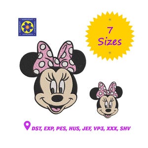 Puede incluir: Un diseño de bordado que muestra dos tamaños de una cabeza de Minnie Mouse con un lazo rosa de lunares blancos. La imagen incluye un gráfico de estrella amarilla con el texto 7 Sizes y una lista de formatos de archivo: DST, EXP, PES, HUS, JEF, VP3, XXX, SHV.