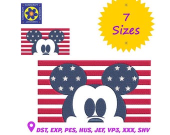 Diseño de bordado de la bandera de Mickey Mouse: Archivo de bordado a máquina patriótico de EE. UU. (3-9 pulgadas) (Descarga digital)