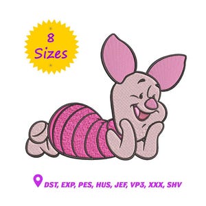 Könnte beinhalten: Gesticktes Design eines lächelnden, rosa Cartoon-Schweins, das liegt, mit großen Ohren und einem gestreiften Torso. Ein gelber Stern mit dem Text "8 Größen" befindet sich oben links. Text unterhalb, der Dateiformate angibt.