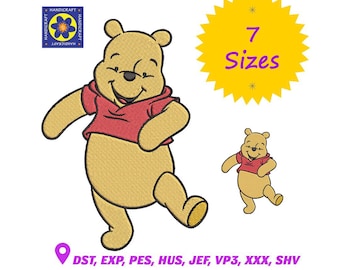 Winnie the Pooh Embroidery Design: Cartoon Bear Machine Embroidery (Digital Download, 7 Sizes)