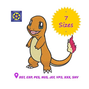 Könnte beinhalten: Eine orangefarbene Zeichentrickfigur mit einer Flamme am Schwanz, die auf zwei Beinen steht. Das Bild enthält den Text "7 Sizes" in einem gelben Stern und den Text "DST, EXP, PES, HUS, JEF, VP3, XXX, SHV".