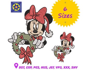 Diseño de bordado navideño de Minnie Mouse: Ratón navideño, 6 tamaños (patrón digital)