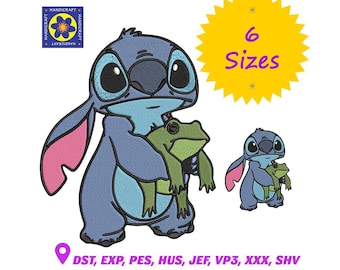 Diseño de bordado de Stitch y la rana, dibujos animados de Disney (6 tamaños) (Descarga digital)