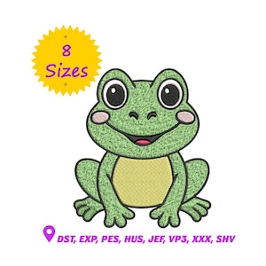 May include: A green frog embroidery design with large black eyes, a yellow belly, and a smiling red mouth. The design includes the text "8 Sizes" in a yellow starburst shape and file type information.