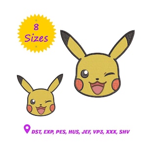 Może przedstawiać: Wzór haftu przedstawiający żółtą twarz Pikachu z mrugającym okiem i otwartymi ustami. Projekt zawiera żółtą gwiazdę z napisem "8 Sizes". Obraz zawiera również tekst "DST, EXP, PES, HUS, JEF, VP3, XXX, SHV".
