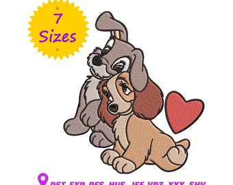 Desenho de bordado de casal de cachorrinhos: arquivo de bordado à máquina de cachorro romântico (download digital, 7 tamanhos)