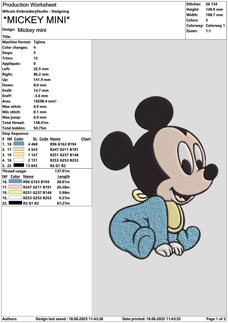 Pode incluir: Design bordado do Mickey Mouse em pose sentada, usando uma roupa azul com detalhes amarelos. O design tem aproximadamente 150 mm de altura e 109 mm de largura, com um total de 26.134 pontos.