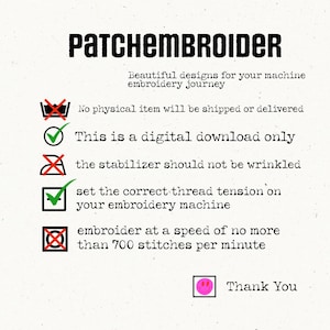 May include: A digital download graphic with the text "PATCHEMBROIDER" and "Beautiful designs for your machine embroidery journey." The image includes instructions and a pink smiley face with the words "Thank You."