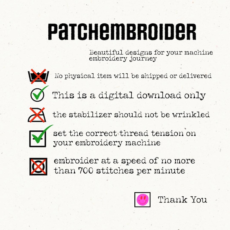 May include: A digital download graphic with the text "PATCHEMBROIDER" and "Beautiful designs for your machine embroidery journey." The image includes instructions and a pink smiley face with the words "Thank You."