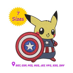 Captain Pikachu Embroidery Design | Superhero Machine Embroidery File | 7 Sizes Included