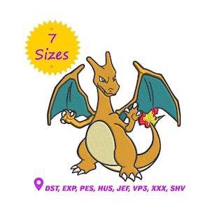 Peut inclure: Motif de broderie d'un dragon orange et bleu sarcelle. Le dragon a de grandes ailes et une flamme au bout de sa queue. Un cercle jaune avec le texte "7 Sizes" est en haut à gauche. Le texte "DST, EXP, PES, HUS, JEF, VP3, XXX, SHV" est en bas.