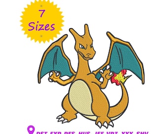 Charizard Embroidery Design, Fire Dragon Pokemon Machine Embroidery File - 7 Sizes, Digital Download
