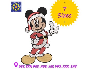 Diseño de bordado de Mickey Mouse Papá Noel, Corona navideña (Descarga digital)