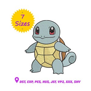 May include: An embroidered design of a cartoon turtle in light blue, yellow, and brown. The image includes a yellow starburst with the text "7 Sizes" and a purple location pin with text below.