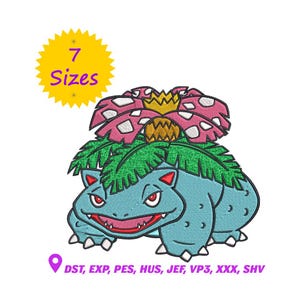 May include: An embroidered design of a blue, cartoon-style creature with a large pink and white flower on its back. The image includes text that reads "7 Sizes" and a list of file formats.