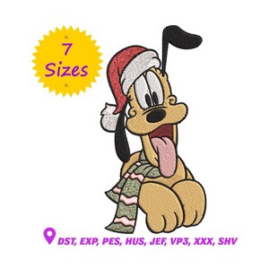 May include: An embroidered design of a cartoon dog wearing a Santa hat and scarf. The dog has its tongue sticking out. A yellow starburst graphic with the text "7 Sizes" is in the upper left. The bottom has text: DST, EXP, PES, HUS, JEF, VP3, XXX, SHV.