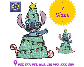 Diseño de bordado de árbol de Navidad de Stitch: Lilo y Stitch, 7 tamaños (patrón digital)