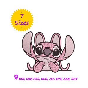 Peut inclure: Personnage de dessin animé rose avec de grands yeux et oreilles, posant son menton sur ses mains. Une étoile jaune avec le texte "7 Tailles" est en haut à gauche. En dessous, le texte "DST, EXP, PES, HUS, JEF, VP3, XXX, SHV" est affiché.