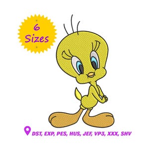May include: A yellow cartoon character with large blue eyes and a small beak. The character is standing with its hands clasped and has large feet. A yellow starburst graphic with the text "6 Sizes" is in the upper left. Below is text.