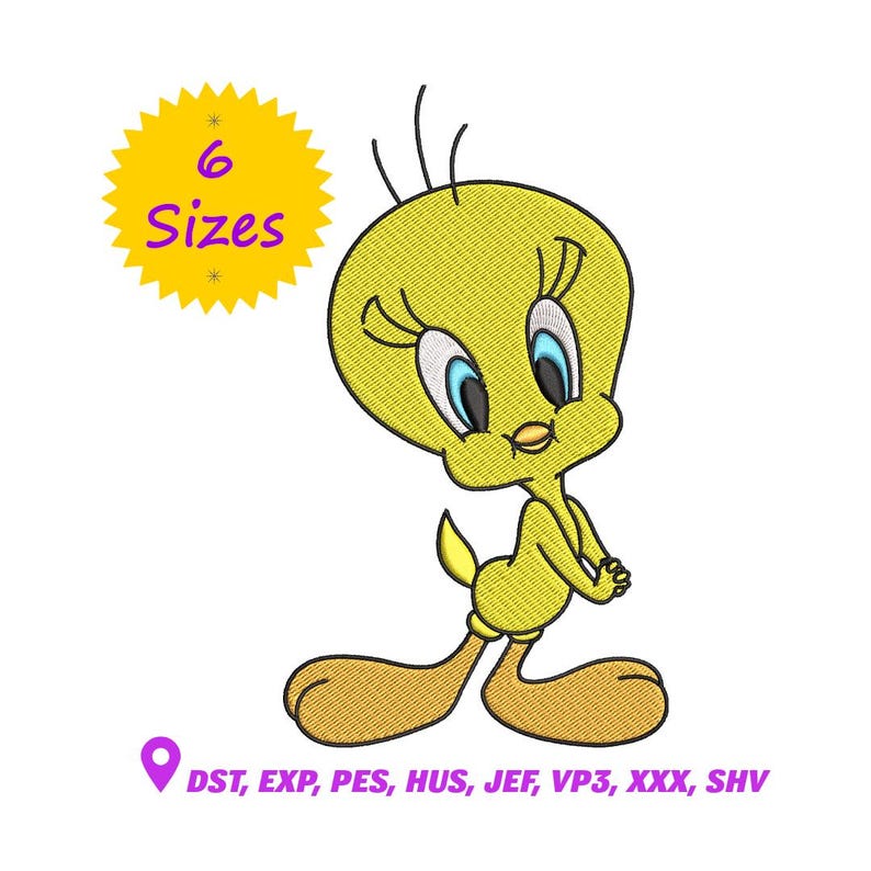 Tweety Bird cartoon embroidery design digital file for machine embroidery, available in 6 sizes and multiple formats.