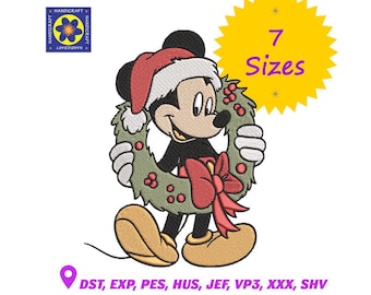 Diseño de bordado navideño de Mickey Mouse, archivo de bordado a máquina de Ratón Papá Noel - 7 tamaños, descarga digital