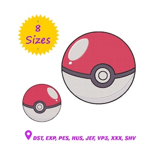 Może przedstawiać: Dwa haftowane wzory Pokeball w kolorze czerwono-białym. Większa kula ma średnicę około 10 cm. Projekt zawiera szary pasek i centralne białe koło. Tekst na obrazku wskazuje "8 Rozmiarów" i formaty plików haftu.