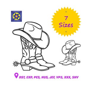 Cowboy Boots Hat Embroidery Design, Western Country Machine Embroidery File, 7 Sizes, Instant Download