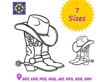 Diseño de bordado de botas de vaquero y sombrero, archivo de bordado a máquina estilo western country, 7 tamaños, descarga instantánea
