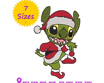 Diseño de bordado navideño con puntada, patrón de bordado a máquina de Papá Noel alienígena en 7 tamaños, descarga digital