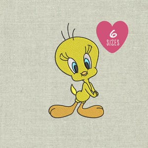 May include: A yellow cartoon bird with blue eyes and orange feet and beak. The bird is standing with its hands clasped in front of it. A pink heart with the text "6 SIZES" is to the right of the bird.