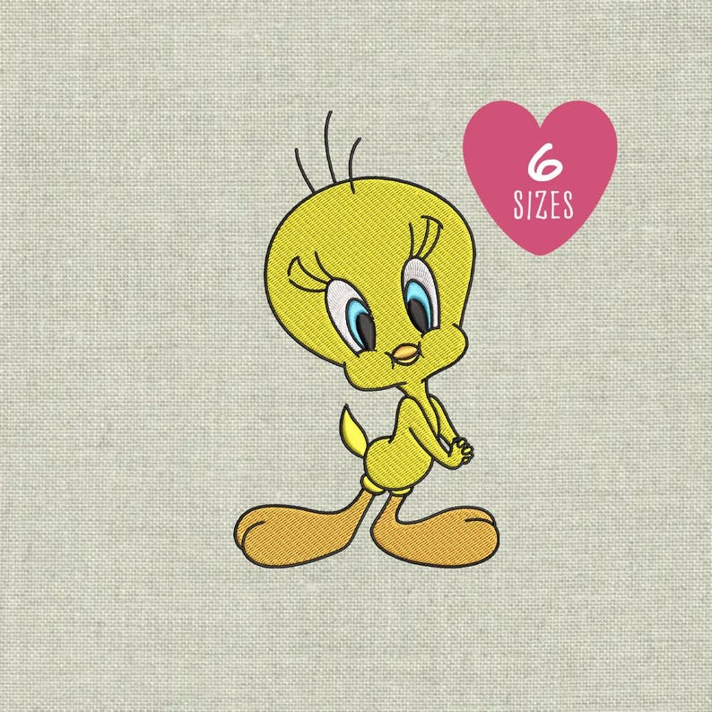 May include: A yellow cartoon bird with blue eyes and orange feet and beak. The bird is standing with its hands clasped in front of it. A pink heart with the text "6 SIZES" is to the right of the bird.