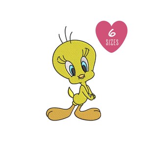 May include: Embroidered yellow cartoon bird with blue eyes and a small beak. The bird is standing with its hands clasped. A pink heart with the text "6 SIZES" is in the upper right corner.