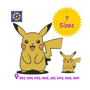 May include: A yellow Pikachu embroidery design with black accents, featuring a smiling face and a lightning bolt tail. The image includes the text "7 Sizes" and embroidery file formats.