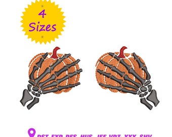 Diseño de bordado de manos de esqueleto y calabaza: Archivo de bordado de Halloween espeluznante, 4 tamaños (Patrón digital)