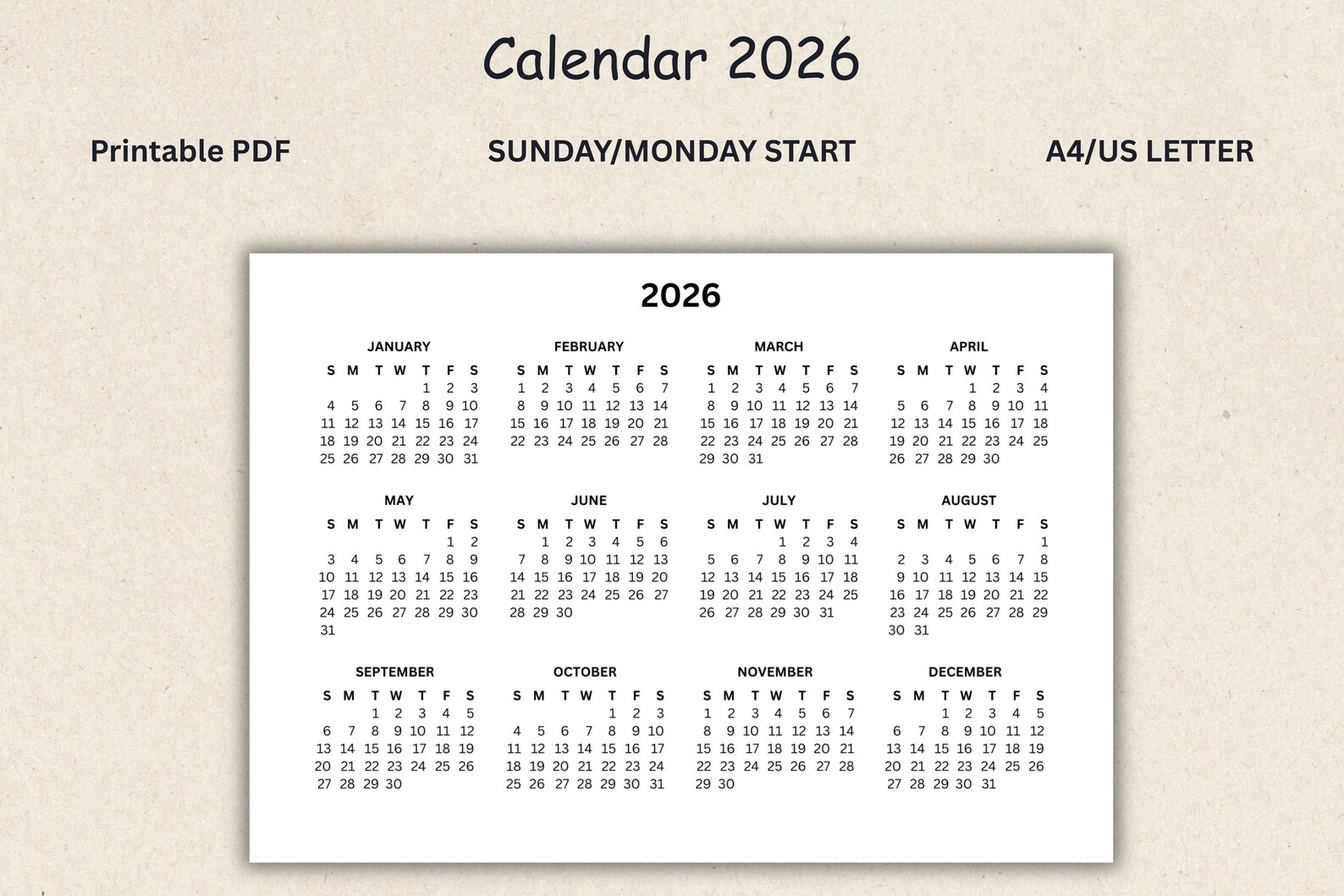 2026 Calendar Printable | One Page, A4/US Letter (PDF Download) - Etsy
