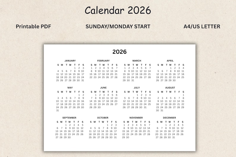 2026 Calendar Printable | One Page, A4/US Letter (PDF Download) - Etsy UK
