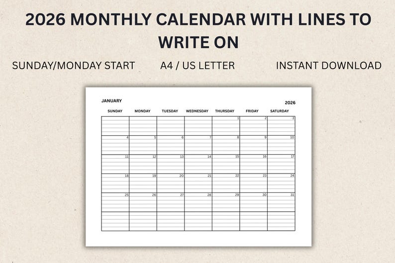 2026 Monthly Calendar With Lines | A4, US Letter (PDF Printable) - Etsy ...