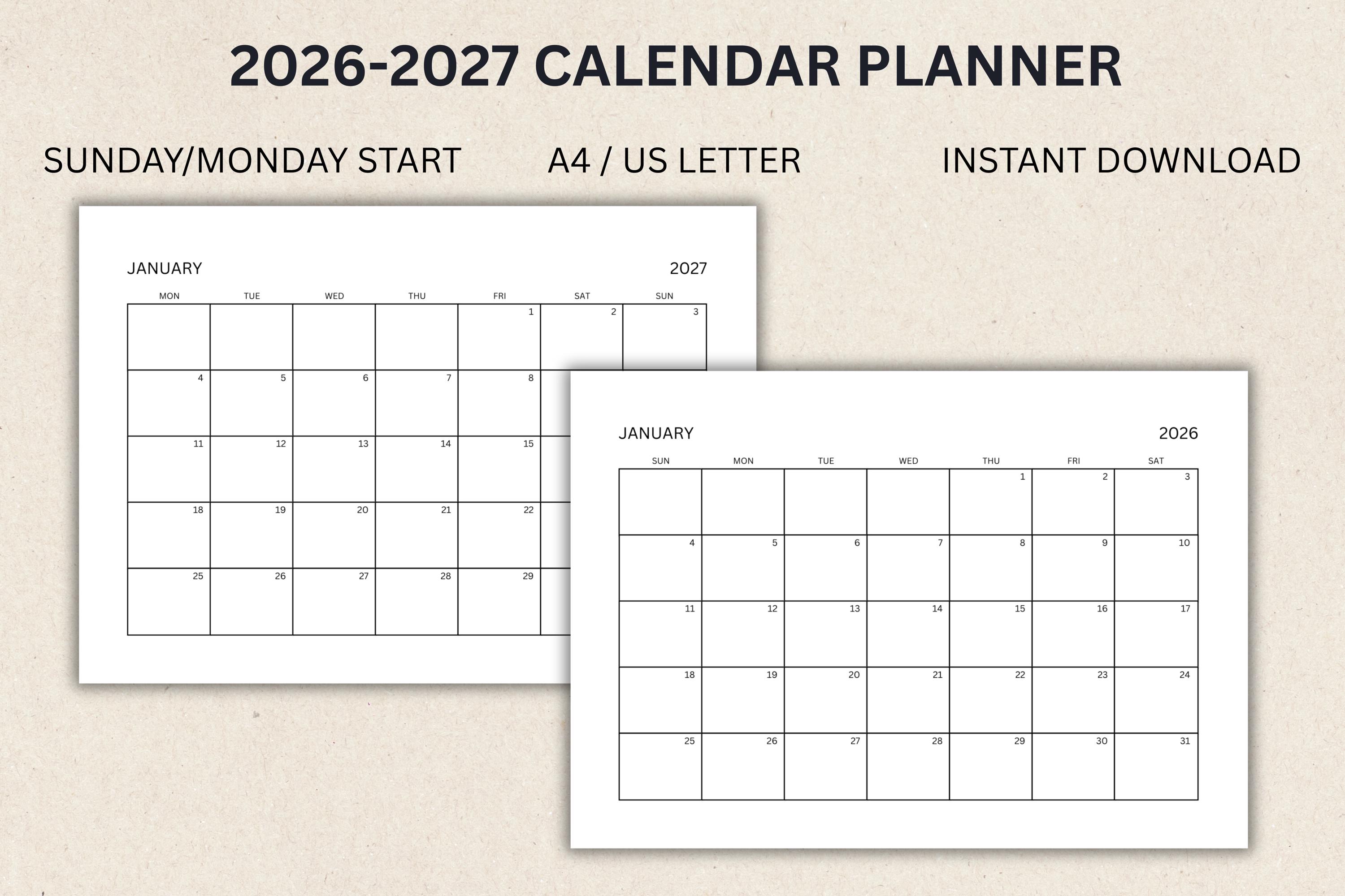 2026-2027 Monthly Calendar Printable | Landscape Planner (PDF Download