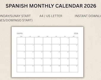 Spanish 2026 Monthly Calendar Printable | A4, US Letter (PDF)