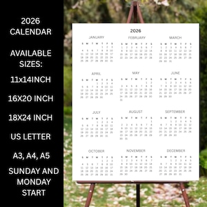 Minimalist 2026 Calendar Poster Printable PDF Instant Download | Sunday and Monday Start| A3 A4 A5 16X20 18X24 11X14 and US Letter